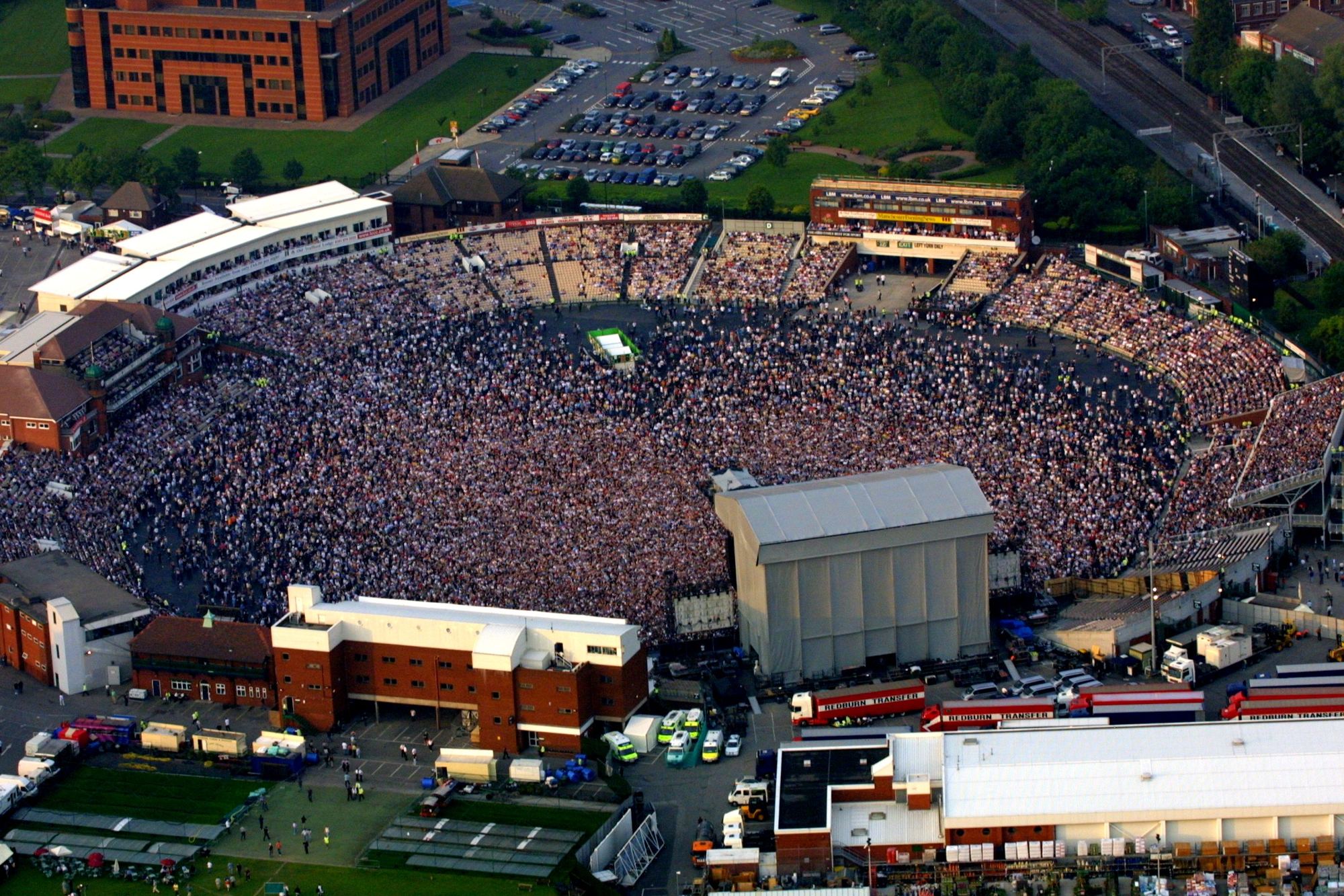 Aerial view of a full Old Trafford cricket ground during Bruce Springsteen, 2003