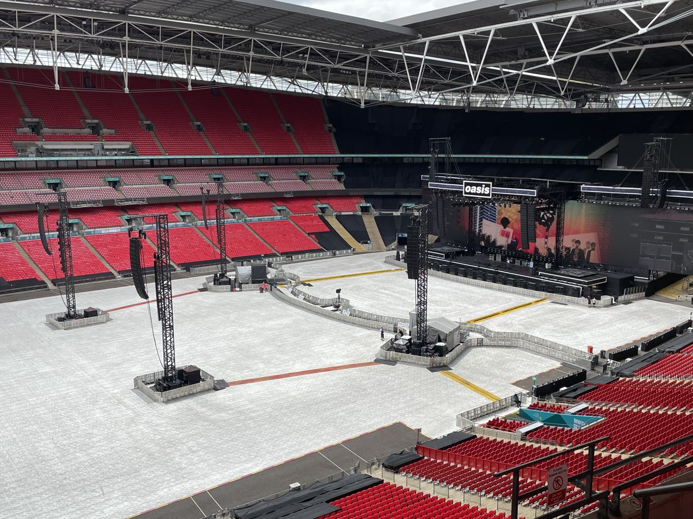 Oasis stage, delay towers and pitch covering at Wembley